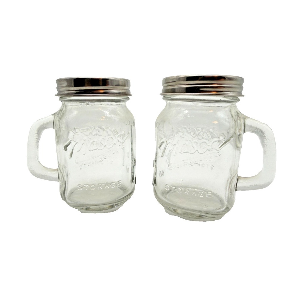 Clear Glass Mini Mason Jar Mug Salt & Pepper Shakers Metal Lids Farmhouse